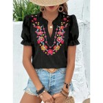 Women's T Shirt Floral Fashion Modern Casual Short Sleeve Notched Neck Regular Tops Daily Weekend Ruffle Patchwork Embroidered Black Summer 2025 - US