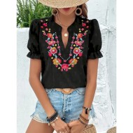Women's T Shirt Floral Fashion Modern Casual Short Sleeve Notched Neck Regular Tops Daily Weekend Ruffle Patchwork Embroidered Black Summer 2025 - US