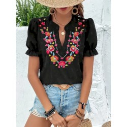 Women's T Shirt Floral Fashion Modern Casual Short Sleeve Notched Neck Regular Tops Daily Weekend Ruffle Patchwork Embroidered Black Summer 2025 - US Women's T Shirt Floral Fashion Modern Casual Short Sleeve Notched Neck Regular Tops Daily Weekend Ruffle Patchwork Embroidered Black Summer 2025 - US