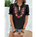 Women's T Shirt Floral Fashion Modern Casual Short Sleeve Notched Neck Regular Tops Daily Weekend Ruffle Patchwork Embroidered Black Summer 2025 - US