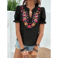Women's T Shirt Floral Fashion Modern Casual Short Sleeve Notched Neck Regular Tops Daily Weekend Ruffle Patchwork Embroidered Black Summer 2025 - US
