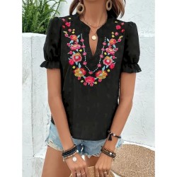 Women's T Shirt Floral Fashion Modern Casual Short Sleeve Notched Neck Regular Tops Daily Weekend Ruffle Patchwork Embroidered Black Summer 2025 - US