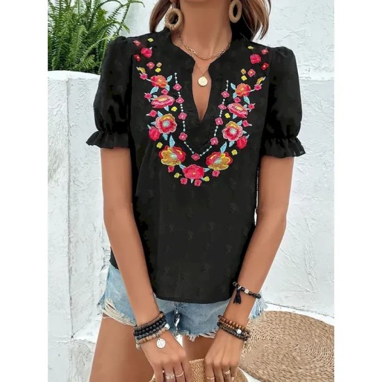 Women's T Shirt Floral Fashion Modern Casual Short Sleeve Notched Neck Regular Tops Daily Weekend Ruffle Patchwork Embroidered Black Summer 2025 - US