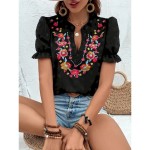 Women's T Shirt Floral Fashion Modern Casual Short Sleeve Notched Neck Regular Tops Daily Weekend Ruffle Patchwork Embroidered Black Summer 2025 - US