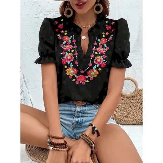 Women's T Shirt Floral Fashion Modern Casual Short Sleeve Notched Neck Regular Tops Daily Weekend Ruffle Patchwork Embroidered Black Summer 2025 - US