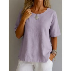 Women's Shirt White Cotton Top Solid Color Elegant Vintage Basic Short Sleeve Crew Neck Regular Tops Daily Going out Weekend White Yellow Pink Purple