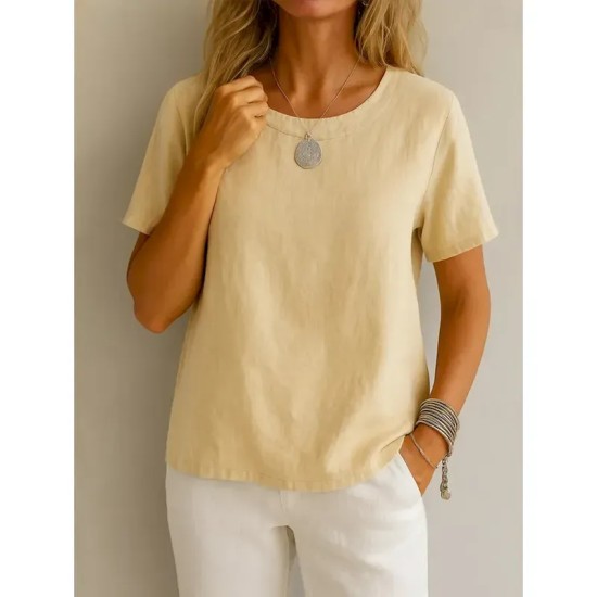 Women's Shirt White Cotton Top Solid Color Elegant Vintage Basic Short Sleeve Crew Neck Regular Tops Daily Going out Weekend White Yellow Pink Purple Women's Shirt White Cotton Top Solid Color Elegant Vintage Basic Short Sleeve Crew Neck Regular Tops Daily Going out Weekend White Yellow Pink Purple