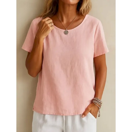 Women's Shirt White Cotton Top Solid Color Elegant Vintage Basic Short Sleeve Crew Neck Regular Tops Daily Going out Weekend White Yellow Pink Purple Women's Shirt White Cotton Top Solid Color Elegant Vintage Basic Short Sleeve Crew Neck Regular Tops Daily Going out Weekend White Yellow Pink Purple