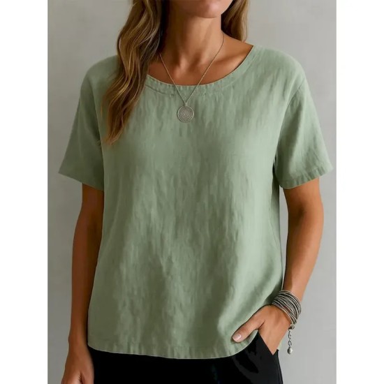 Women's Shirt White Cotton Top Solid Color Elegant Vintage Basic Short Sleeve Crew Neck Regular Tops Daily Going out Weekend White Yellow Pink Purple Women's Shirt White Cotton Top Solid Color Elegant Vintage Basic Short Sleeve Crew Neck Regular Tops Daily Going out Weekend White Yellow Pink Purple