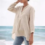 Women's Shirt Linen-Inspired Shirts Plain Daily Stylish Basic 3\/4 Length Sleeve V Neck Regular Tops Work Daily Holiday Black White Beige Spring Fall 2