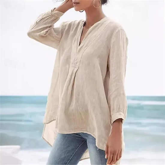 Women's Shirt Linen-Inspired Shirts Plain Daily Stylish Basic 3\/4 Length Sleeve V Neck Regular Tops Work Daily Holiday Black White Beige Spring Fall 2