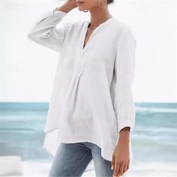 Women's Shirt Linen-Inspired Shirts Plain Daily Stylish Basic 3\/4 Length Sleeve V Neck Regular Tops Work Daily Holiday Black White Beige Spring Fall 2