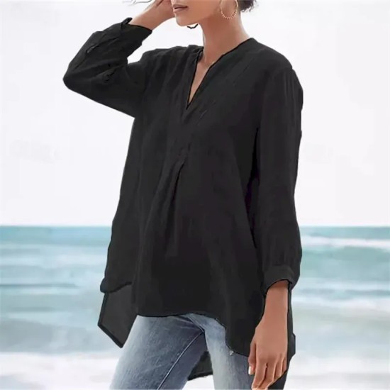 Women's Shirt Linen-Inspired Shirts Plain Daily Stylish Basic 3\/4 Length Sleeve V Neck Regular Tops Work Daily Holiday Black White Beige Spring Fall 2