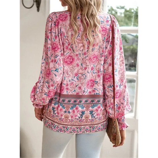 Women's Shirt Blouse Casual Boho Floral Lace up Print Long Sleeve Regular Tops V Neck Vacation Beach Pink Navy Blue Blue Orange Summer 2025