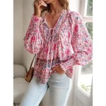 Women's Shirt Blouse Casual Boho Floral Lace up Print Long Sleeve Regular Tops V Neck Vacation Beach Pink Navy Blue Blue Orange Summer 2025