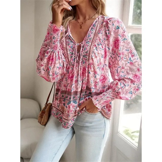 Women's Shirt Blouse Casual Boho Floral Lace up Print Long Sleeve Regular Tops V Neck Vacation Beach Pink Navy Blue Blue Orange Summer 2025