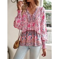 Women's Shirt Blouse Casual Boho Floral Lace up Print Long Sleeve Regular Tops V Neck Vacation Beach Pink Navy Blue Blue Orange Summer 2025