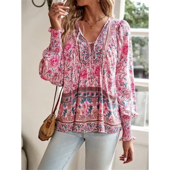Women's Shirt Blouse Casual Boho Floral Lace up Print Long Sleeve Regular Tops V Neck Vacation Beach Pink Navy Blue Blue Orange Summer 2025