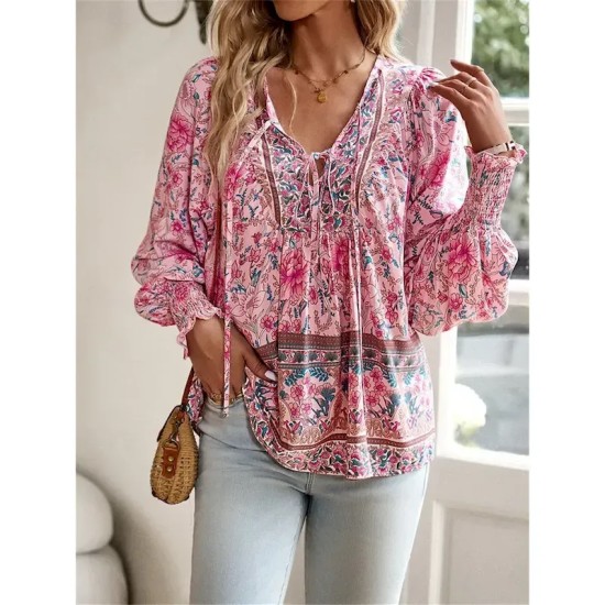 Women's Shirt Blouse Casual Boho Floral Lace up Print Long Sleeve Regular Tops V Neck Vacation Beach Pink Navy Blue Blue Orange Summer 2025