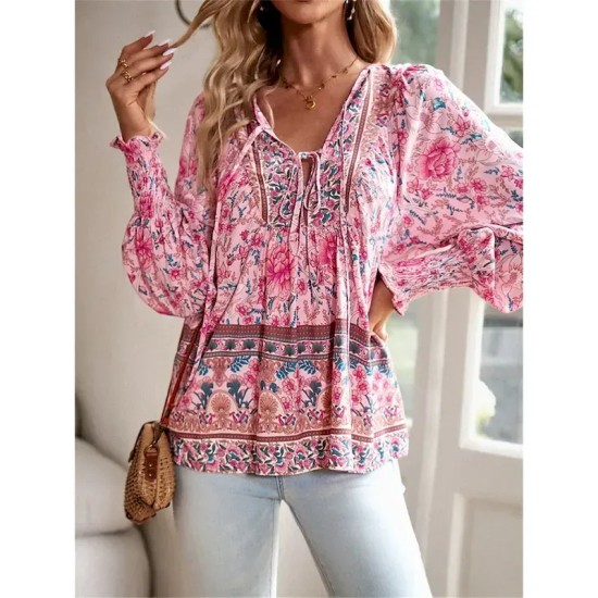 Women's Shirt Blouse Casual Boho Floral Lace up Print Long Sleeve Regular Tops V Neck Vacation Beach Pink Navy Blue Blue Orange Summer 2025
