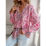 Women's Shirt Blouse Casual Boho Floral Lace up Print Long Sleeve Regular Tops V Neck Vacation Beach Pink Navy Blue Blue Orange Summer 2025