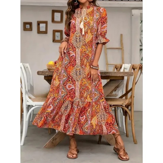 Women's Maxi Dress Casual Dress Boho Dress Cute Stylish Casual Vacation Daily Loose Fit Graphic 3\/4 Length Sleeve V Neck Red Blue Orange Summer Spring