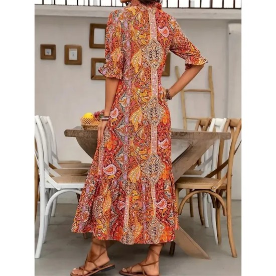Women's Maxi Dress Casual Dress Boho Dress Cute Stylish Casual Vacation Daily Loose Fit Graphic 3\/4 Length Sleeve V Neck Red Blue Orange Summer Spring