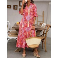 Women's Maxi Dress Casual Dress Boho Dress Cute Stylish Casual Vacation Daily Loose Fit Graphic 3\/4 Length Sleeve V Neck Red Blue Orange Summer Spring