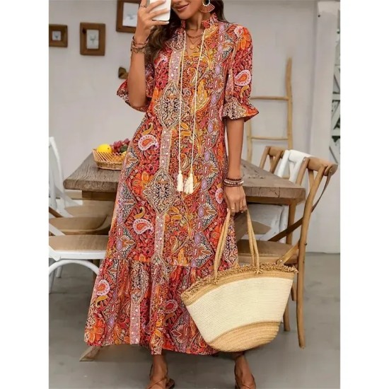 Women's Maxi Dress Casual Dress Boho Dress Cute Stylish Casual Vacation Daily Loose Fit Graphic 3\/4 Length Sleeve V Neck Red Blue Orange Summer Spring