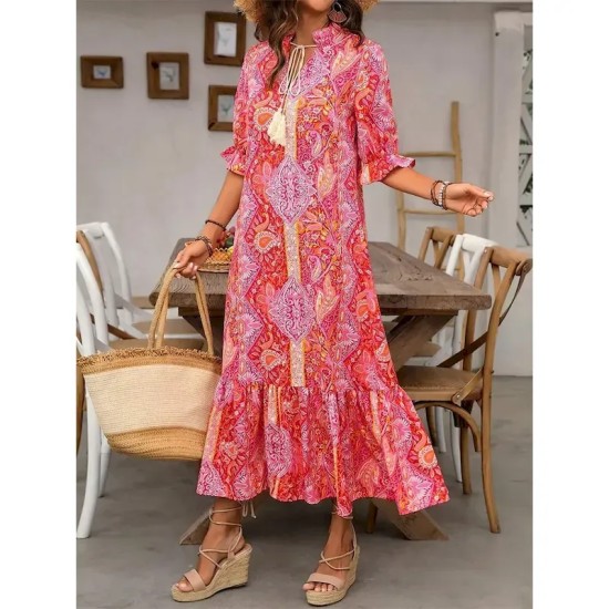 Women's Maxi Dress Casual Dress Boho Dress Cute Stylish Casual Vacation Daily Loose Fit Graphic 3\/4 Length Sleeve V Neck Red Blue Orange Summer Spring