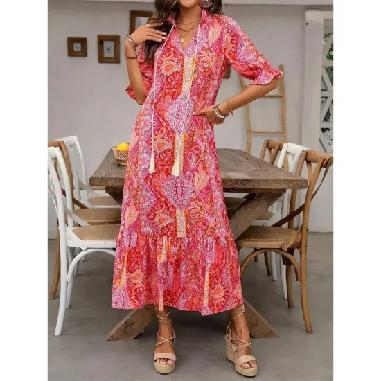 Women's Maxi Dress Casual Dress Boho Dress Cute Stylish Casual Vacation Daily Loose Fit Graphic 3\/4 Length Sleeve V Neck Red Blue Orange Summer Spring