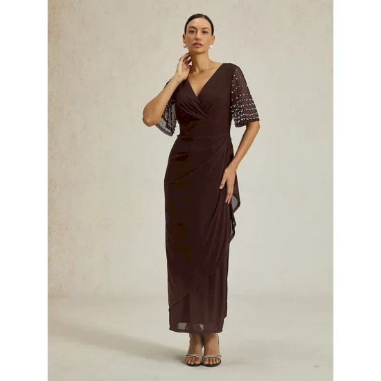 Women's Maxi Dress Sheath Dress Elegant Solid Color Short Sleeve V Neck Brown Summer Spring Fall 2025 Women's Maxi Dress Sheath Dress Elegant Solid Color Short Sleeve V Neck Brown Summer Spring Fall 2025