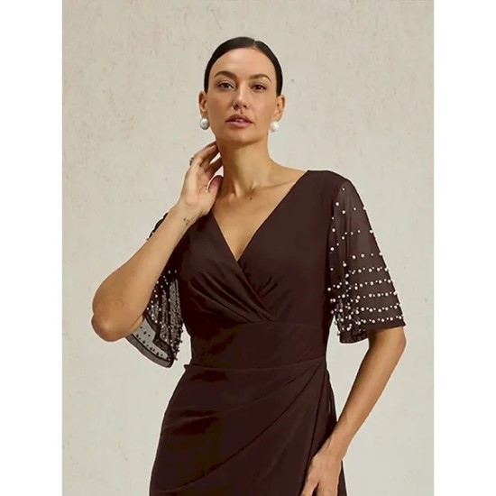 Women's Maxi Dress Sheath Dress Elegant Solid Color Short Sleeve V Neck Brown Summer Spring Fall 2025 Women's Maxi Dress Sheath Dress Elegant Solid Color Short Sleeve V Neck Brown Summer Spring Fall 2025