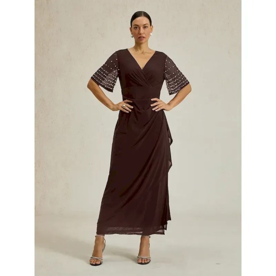 Women's Maxi Dress Sheath Dress Elegant Solid Color Short Sleeve V Neck Brown Summer Spring Fall 2025 Women's Maxi Dress Sheath Dress Elegant Solid Color Short Sleeve V Neck Brown Summer Spring Fall 2025