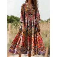 Women's Maxi Dress Sundress A Line Dress Pleated Dress Vacation Casual Boho Going out Standard Fit Floral Graphic Paisley 3\/4 Length Sleeve V Neck Pin