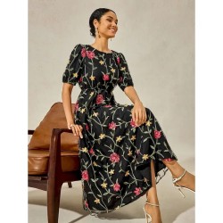 Women's Maxi Dress Black Dress A Line Dress Elegant Stylish Puff Sleeve Vacation Daily Loose Fit Floral Short Sleeve Crew Neck Black Summer 2025 - US