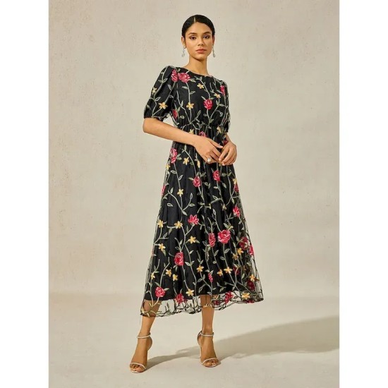 Women's Maxi Dress Black Dress A Line Dress Elegant Stylish Puff Sleeve Vacation Daily Loose Fit Floral Short Sleeve Crew Neck Black Summer 2025 - US