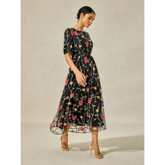 Women's Maxi Dress Black Dress A Line Dress Elegant Stylish Puff Sleeve Vacation Daily Loose Fit Floral Short Sleeve Crew Neck Black Summer 2025 - US