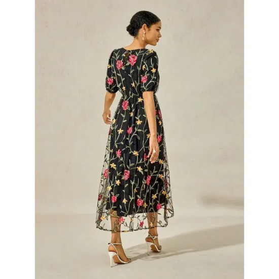 Women's Maxi Dress Black Dress A Line Dress Elegant Stylish Puff Sleeve Vacation Daily Loose Fit Floral Short Sleeve Crew Neck Black Summer 2025 - US