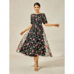 Women's Maxi Dress Black Dress A Line Dress Elegant Stylish Puff Sleeve Vacation Daily Loose Fit Floral Short Sleeve Crew Neck Black Summer 2025 - US