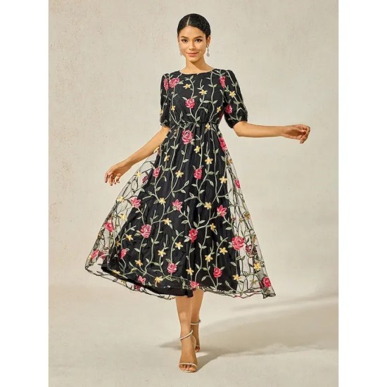 Women's Maxi Dress Black Dress A Line Dress Elegant Stylish Puff Sleeve Vacation Daily Loose Fit Floral Short Sleeve Crew Neck Black Summer 2025 - US