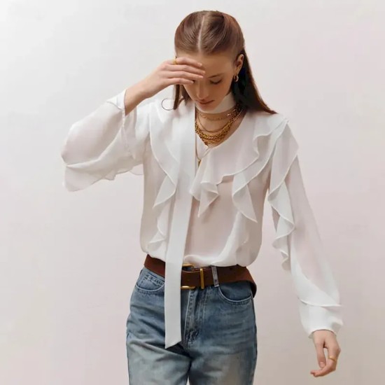 Women's Shirt Solid Color Elegant Bohemia Vintage Long Sleeve V Neck Regular Tops Work Daily Holiday Lace up Ruffle White Pink Blue Summer Spring Fall Women's Shirt Solid Color Elegant Bohemia Vintage Long Sleeve V Neck Regular Tops Work Daily Holiday Lace up Ruffle White Pink Blue Summer Spring Fall