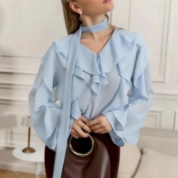 Women's Shirt Solid Color Elegant Bohemia Vintage Long Sleeve V Neck Regular Tops Work Daily Holiday Lace up Ruffle White Pink Blue Summer Spring Fall Women's Shirt Solid Color Elegant Bohemia Vintage Long Sleeve V Neck Regular Tops Work Daily Holiday Lace up Ruffle White Pink Blue Summer Spring Fall