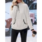 Women's Sweatshirt Casual Fleece Street Dailywear High Neck Zipper Pocket Long Sleeve White Wine Blue Purple Fall Winter 2025
