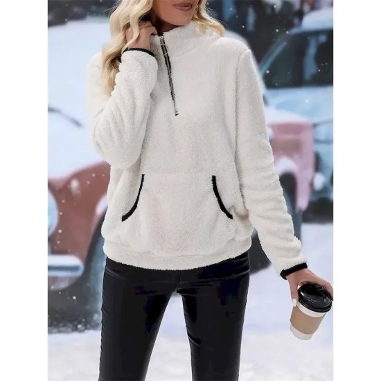 Women's Sweatshirt Casual Fleece Street Dailywear High Neck Zipper Pocket Long Sleeve White Wine Blue Purple Fall Winter 2025
