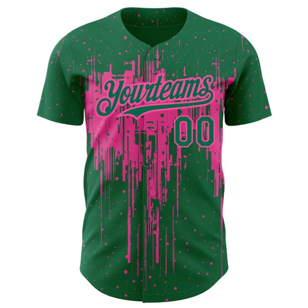 Custom Kelly Green Pink 3D Pattern Design Dripping Splatter Art Authentic Baseball Jersey - Image 2