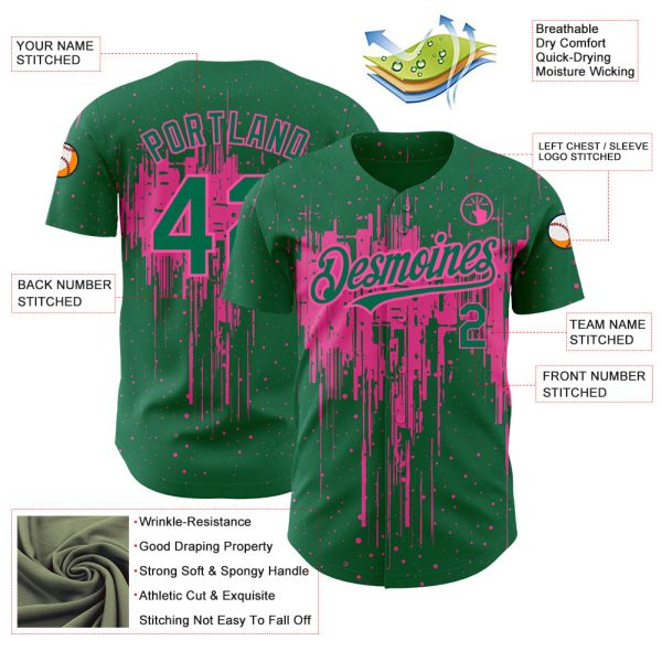 Custom Kelly Green Pink 3D Pattern Design Dripping Splatter Art Authentic Baseball Jersey - Image 3
