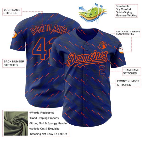 Custom Royal Orange 3D Pattern Design Slant Lines Authentic Baseball Jersey - Image 3