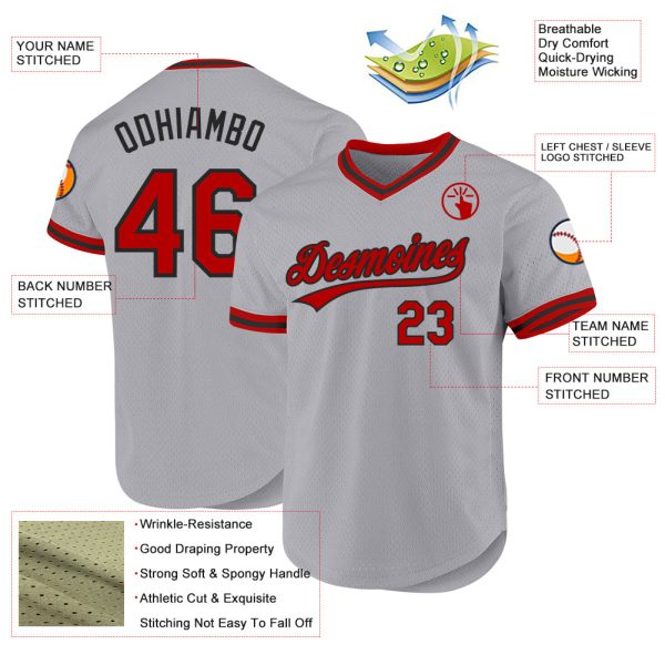 Custom Gray Red-Black Authentic Throwback Baseball Jersey - Image 3