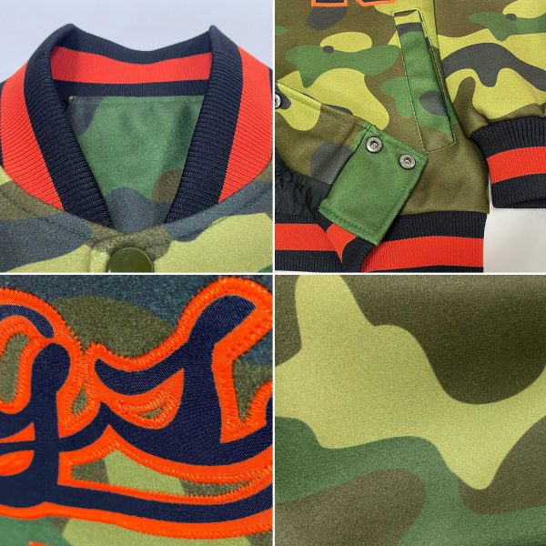 Custom Camo Black-Orange Bomber Full-Snap Varsity Letterman Salute To Service Jacket - Image 2